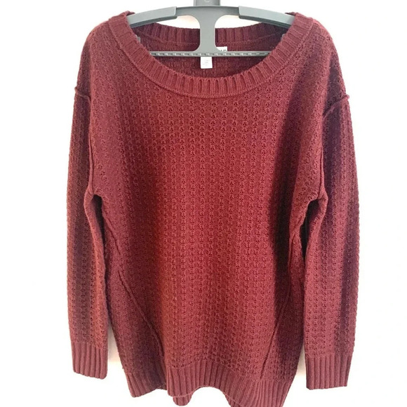 Abound Sweaters - Women’s Textured Knit Pullover Sweater Maroon Burgundy Long Sleeve Scoop Neck M
